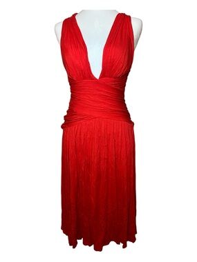 Vintage Y2K Red Plunging V-Neck Sleeveless Midi Dress Medium